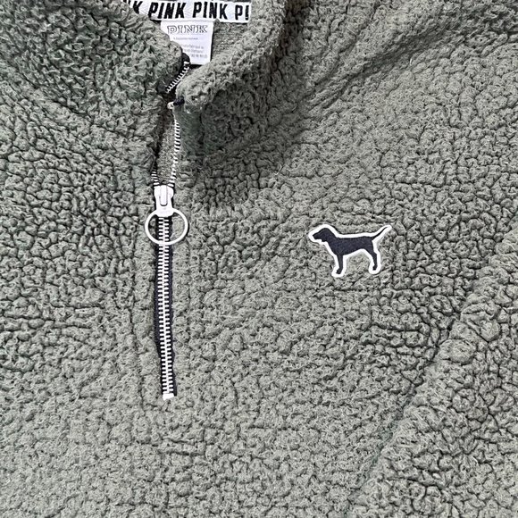Victorias Secret PINK Olive Green Sherpa 1/4 Zip Pullover Jacket Sz Large - Picture 3 of 10